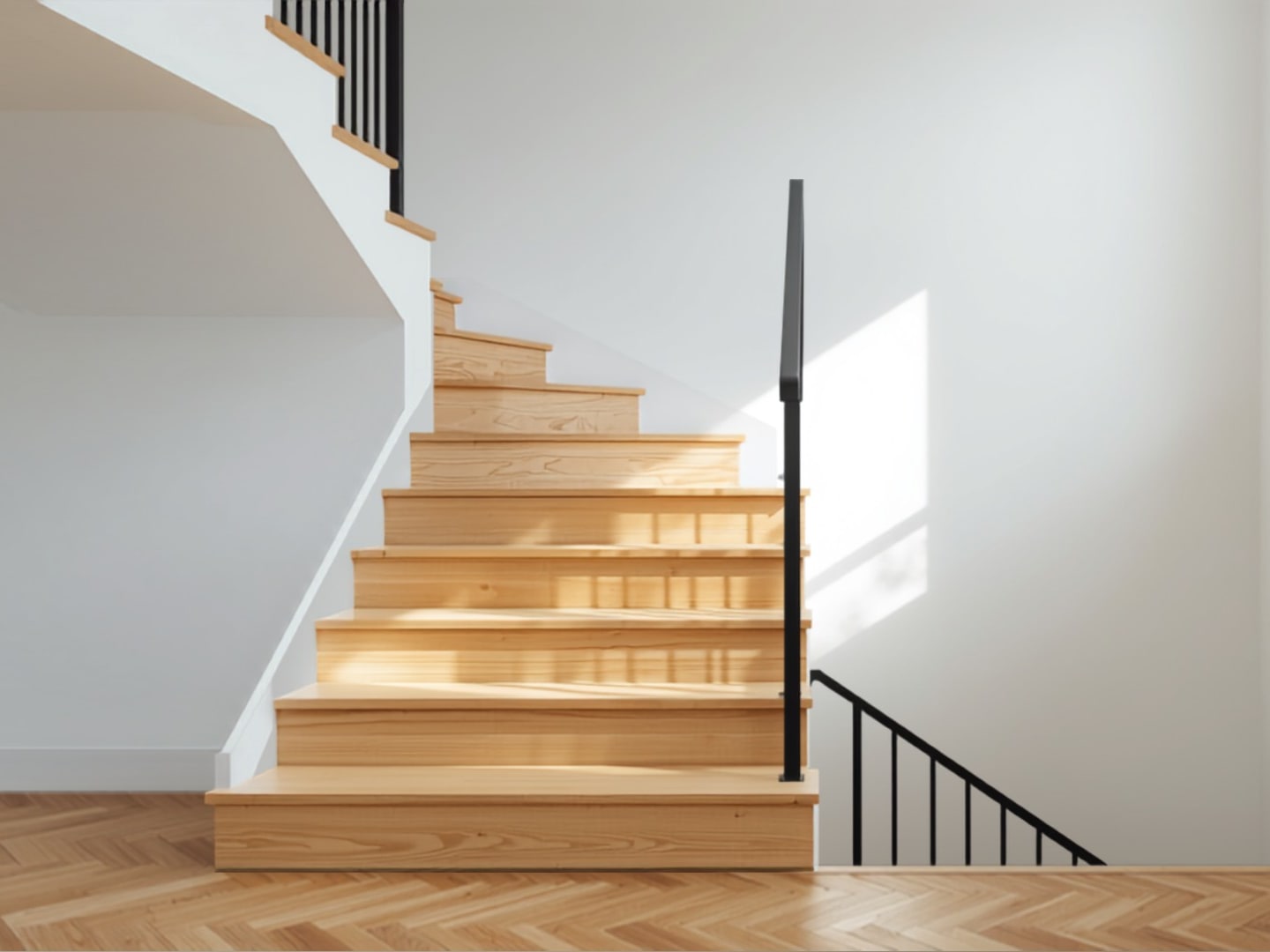 Escalier en bois clair terminé, garde-corps métallique noir contre un mur blanc